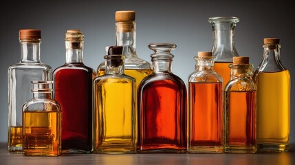 Variety of liquor bottles clear glass amber and brown colors row arrangement