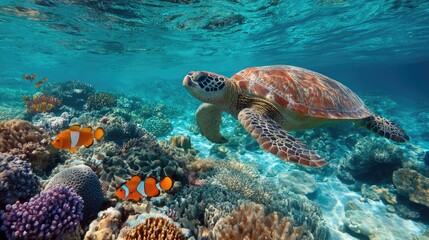 Fototapeta premium Sea Turtle and Clownfish in Coral Reef: A majestic sea turtle gracefully glides through a vibrant coral reef teeming with life, a clownfish peeking from its anemone home.
