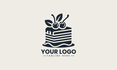 Vector logo of a cake slice with layers of icing and cherry toppings in minimalist illustration