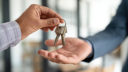 Handing Over the Keys: A symbolic shot of a transaction, one hand confidently passes a set of keys to another, depicting the transfer of ownership, new beginnings, and property acquisition.