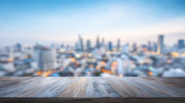 Wooden table with blurred city skyline background twilight sense of urban sophistication