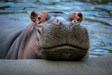 Fototapeta premium Closeup portrait of a hippopotamus in water
