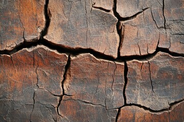 Close-up of cracked, dark brown, weathered surface