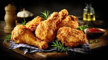 Crispy golden fried chicken drumsticks and thighs arranged on a rustic wooden board garnished with fresh rosemary sprigs and served with ketchup.