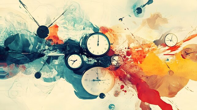 Abstract design with clocks and paint splashes.