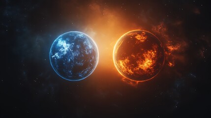 Two contrasting planets, one blue and one red, hover closely in a rocky cosmic landscape