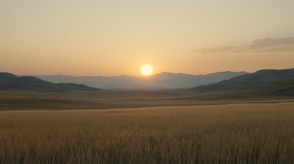 Fototapeta premium Bright field with sunset softly coloring every blade of grass, sun perfectly placed in center