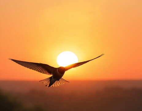 una golondrina sobrevolando con un bonito amanecer al fondo