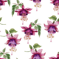 Seamless watercolor pattern with vibrant fuchsia flowers on a white background. Hand-painted floral design perfect for fabric, stationery, wrapping paper, wallpaper, and elegant decorative projects.
