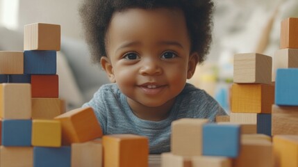 A smiling baby surrounded by colorful wooden blocks