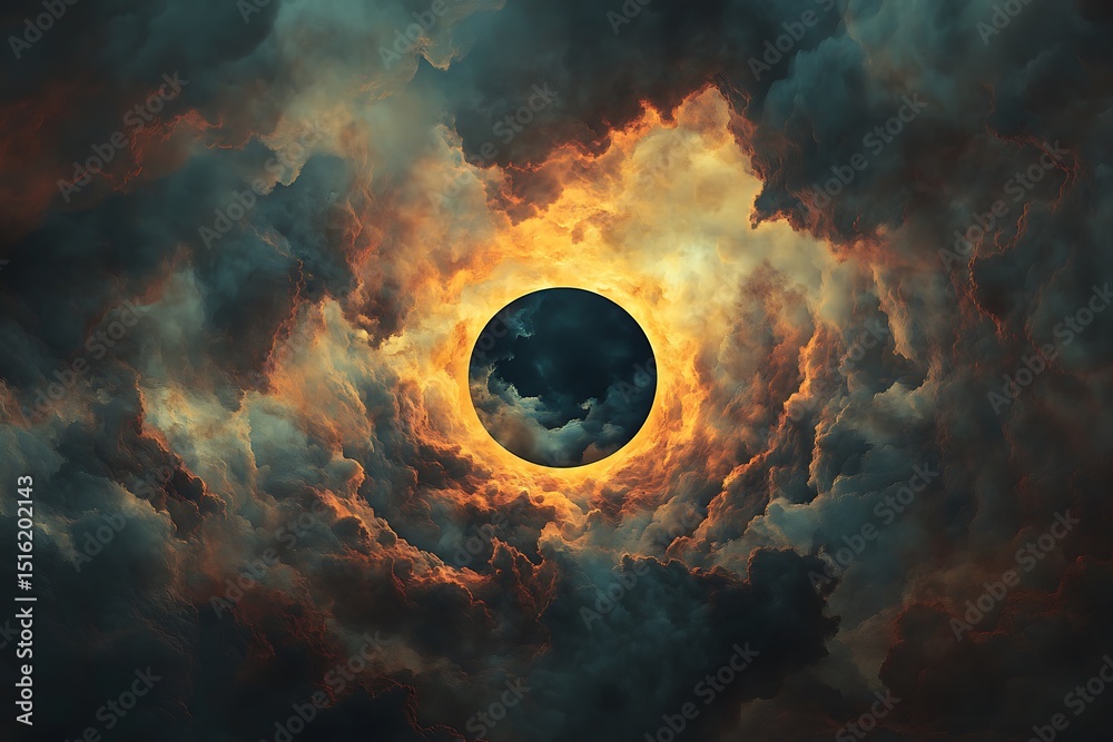 Wall mural abstract celestial event featuring a dark moon encircled by firelike cloud formations is displayed