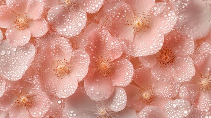 Macro floral texture with intricate details of dew-covered rose petals in pink hues