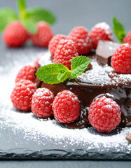 Fine dessert with raspberry and mint, a dusting of powdered sugar. 
