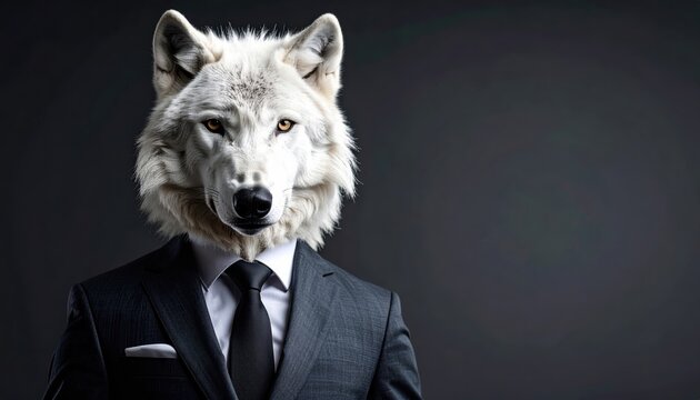 A striking wolf in suit and tie, portrait of business wildlife wolf