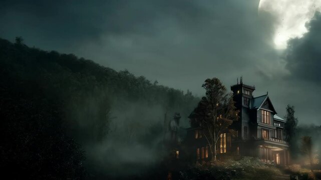 Frightening werewolf with sharp teeth and glowing red eyes howling beneath a full moon and a spooky haunted mansion on a foggy hill