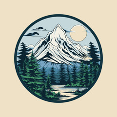 Adventure logo, mountain forest and river
