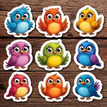 Naklejki Set of funny cute cartoon vibrant colorful birds, stickers