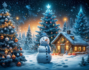 Obraz premium snowman in the snow with christmas tree