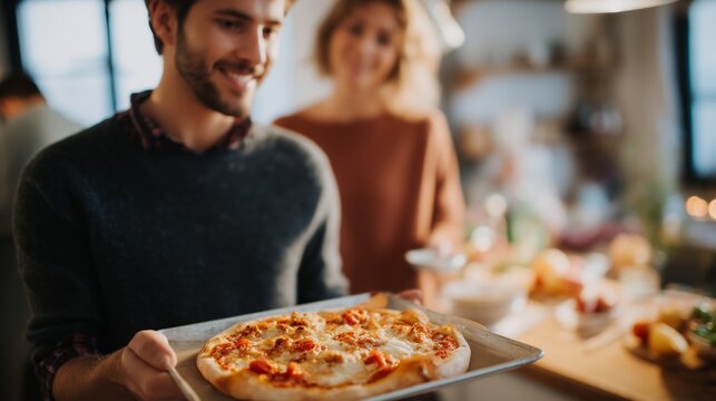 Young man serves freshly baked pizza in cozy kitchen during gathering with friends