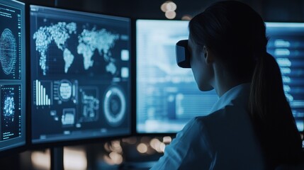 Woman using VR headset, data screens