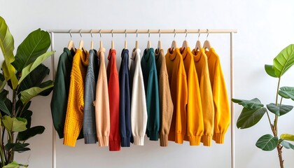 Colorful sweaters on clothing rack.