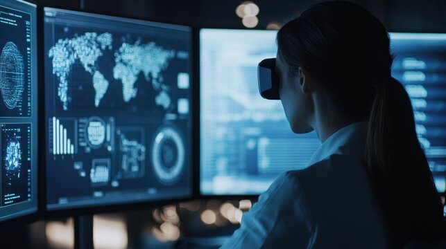 Woman using VR headset, data screens