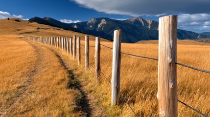 Fototapeta premium Scenic rural landscape with a wooden fence and golden fields under a blue sky