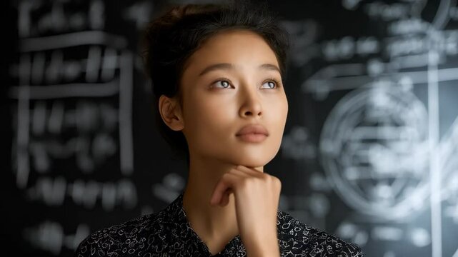 Thoughtful young woman contemplates complex equations on a chalkboard, looking pensive and creative in her academic pursuits.