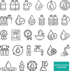 Clean and Minimalist Water Delivery Icon Set Featuring Bottles, Taps, and Filters