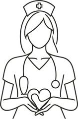 A nurse is shown holding a heart shape with hands stethoscope around neck wearing cap with cross