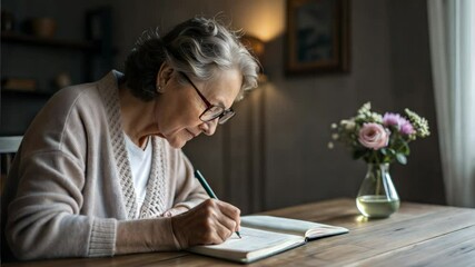 Senior woman writing in notebook at cozy home setting - Powered by Adobe
