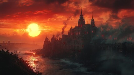 Naklejka premium Fiery castle by a river at sunset