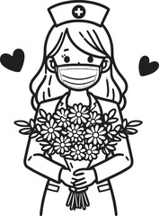 Nurse in mask holds flowers hearts float nearby