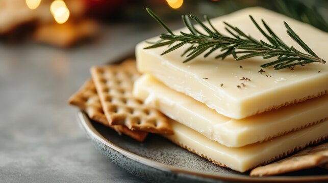A stylish plate featuring creamy cheese slices topped with fresh rosemary, accompanied by crispy crackers, ideal for classy gatherings or relaxed snacking with friends.