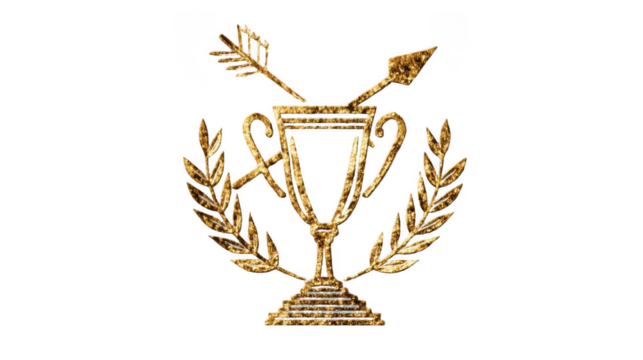Golden trophy adorned with a laurel wreath and crossed arrows, representing victory and achievement, isolated on a transparent background for sports and award designs - Powered by Adobe