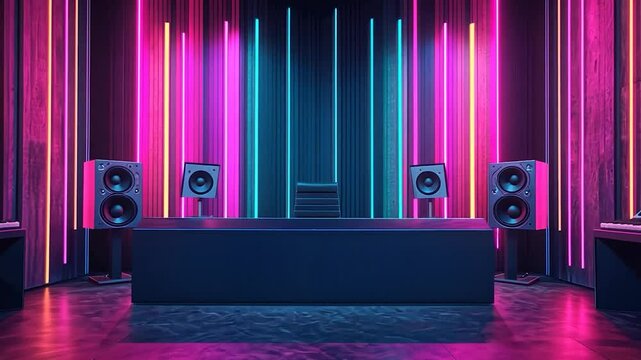 Neon-lit recording studio