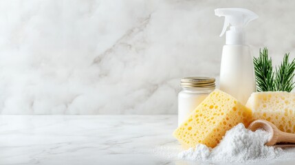 An arrangement of cleaning supplies, including sponges and sprays, sits on a marble countertop, symbolizing the pursuit of cleanliness and order in everyday life.