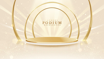 Golden empty podium on cream background with soft golden neon effect with ribbon and bokeh decoration. Luxury stage design concept. Vector illustration.