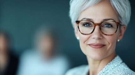 A poised, confident mature woman, showcasing her style with elegant glasses, radiates sophistication in a softly blurred background emphasizing her serene demeanor.