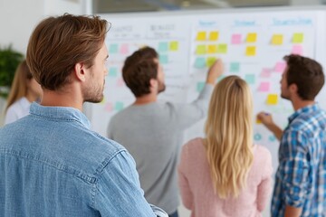 Diverse professionals collaborate during a meeting using sticky notes on a presentation board