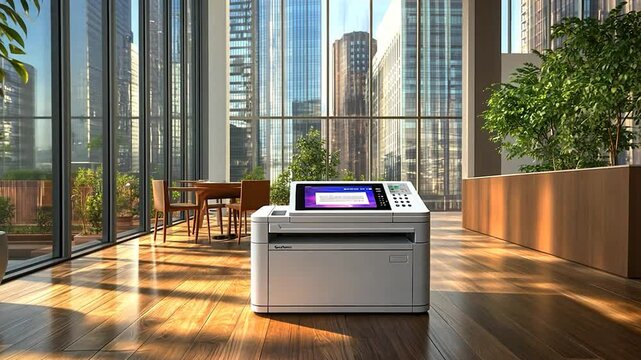 Modern office printer in a bright, spacious room with city views