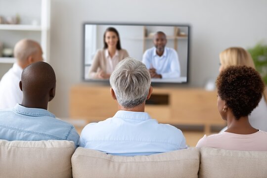 Team meeting displayed on large screen with diverse participants engaged in discussion