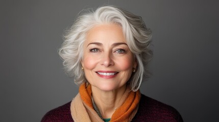 A joyful woman with soft white hair and a cozy scarf radiates warmth and happiness, showcasing a contemporary style against a neutral backdrop.