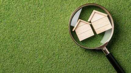 Magnifying Glass Focus on Wooden Model Houses on Green Grass Surface
