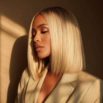 African woman with blonde extensions cut into a blunt cut middle part bob posing