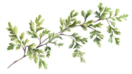 Naklejka premium Watercolor Illustration of a Delicate Green Leafy Branch on a White Background