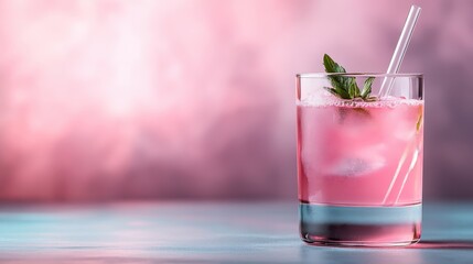A refreshing pink drink garnished with mint leaves, served in a glass and placed on a soft pastel background, symbolizing coolness and vitality in summer refreshment.