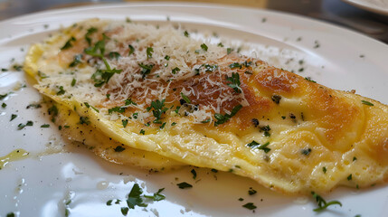 Delicious fluffy omelette with fresh herbs and shredded cheese served on an elegant white plate in soft lighting on dark background, Generative AI