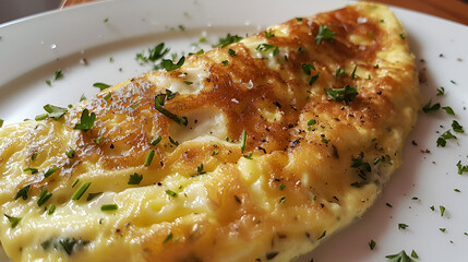 Delicious fluffy omelette with fresh herbs and shredded cheese served on an elegant white plate in soft lighting on dark background, Generative AI