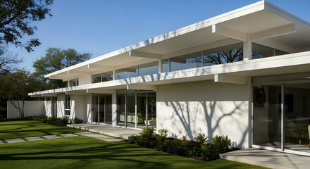 Fototapeta premium Serene Architectural Design Showcasing Modern Home Exterior With Landscaped Lawn
